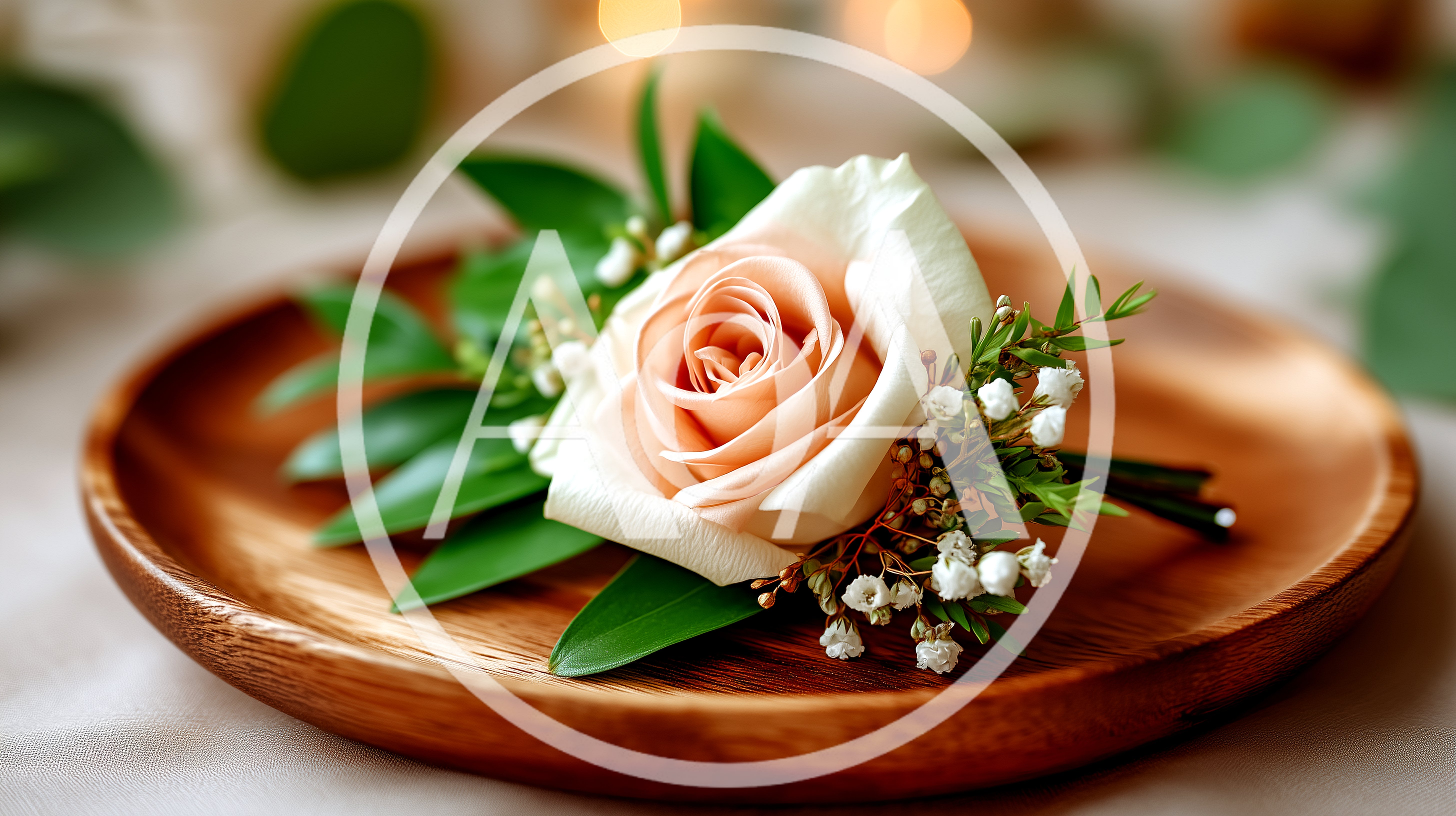 Peach Rose Boutonniere on a Wooden Plate