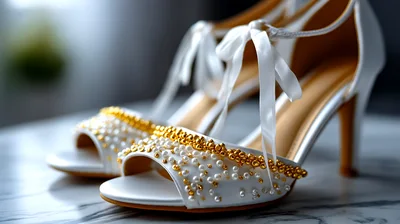 Elegant White Bridal Heels With Gold And Pearl Embellishments