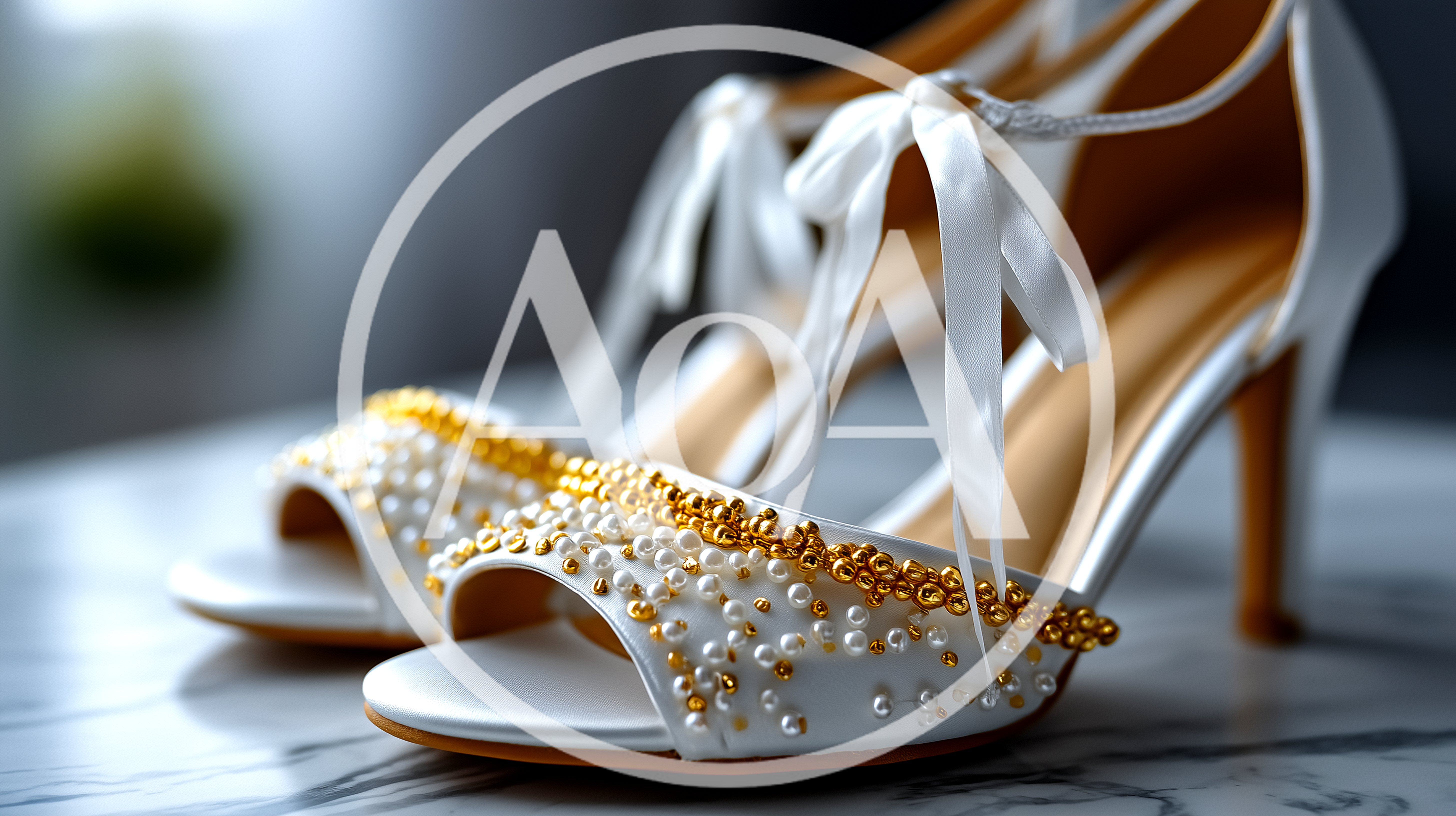 Elegant White Bridal Heels With Gold And Pearl Embellishments