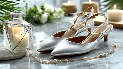 Elegant White Wedding Shoes With Pearls And Candles
