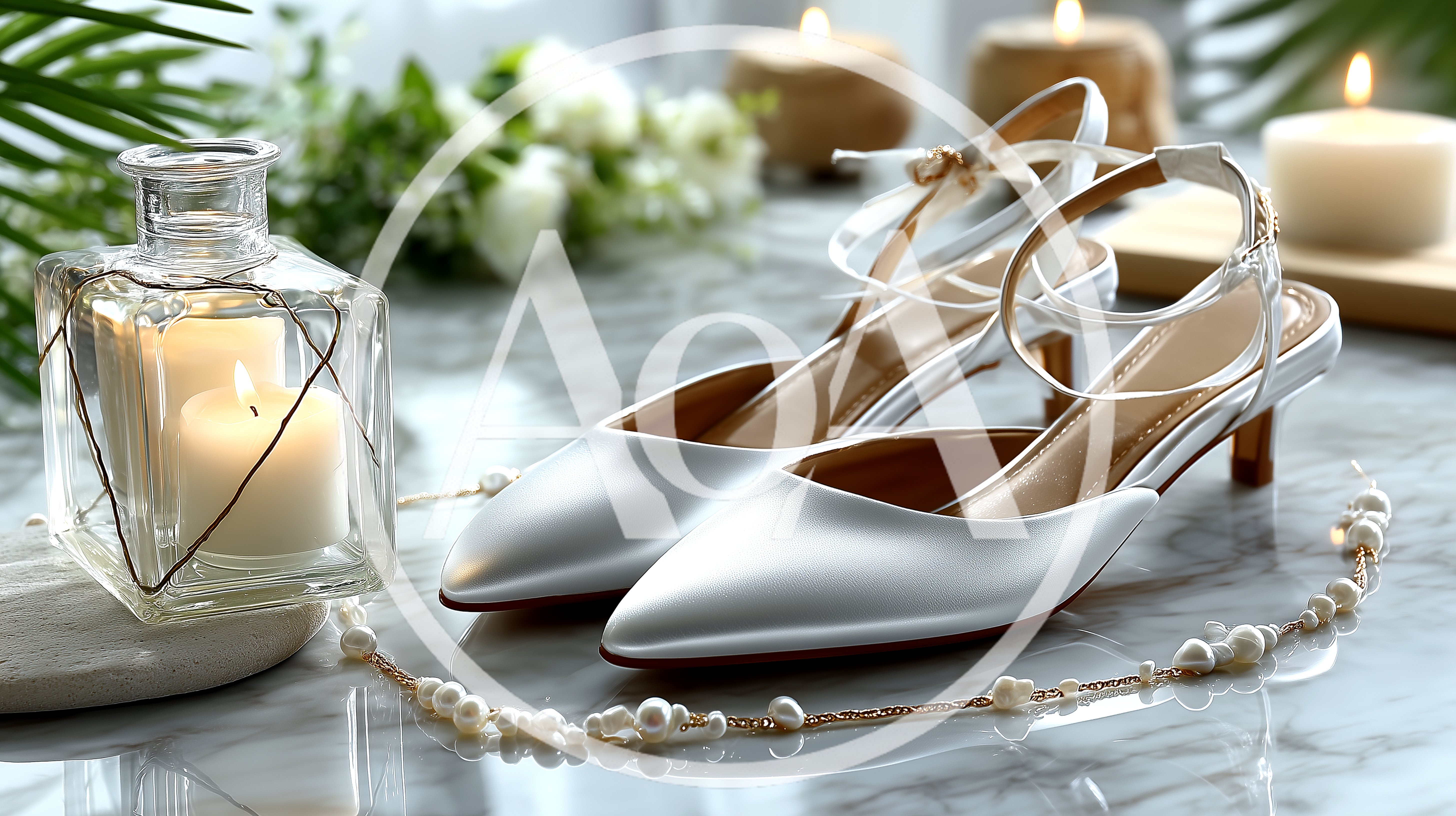 Elegant White Wedding Shoes With Pearls And Candles