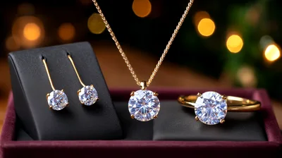 Gold Jewelry Set With Sparkling Round Cut Diamonds