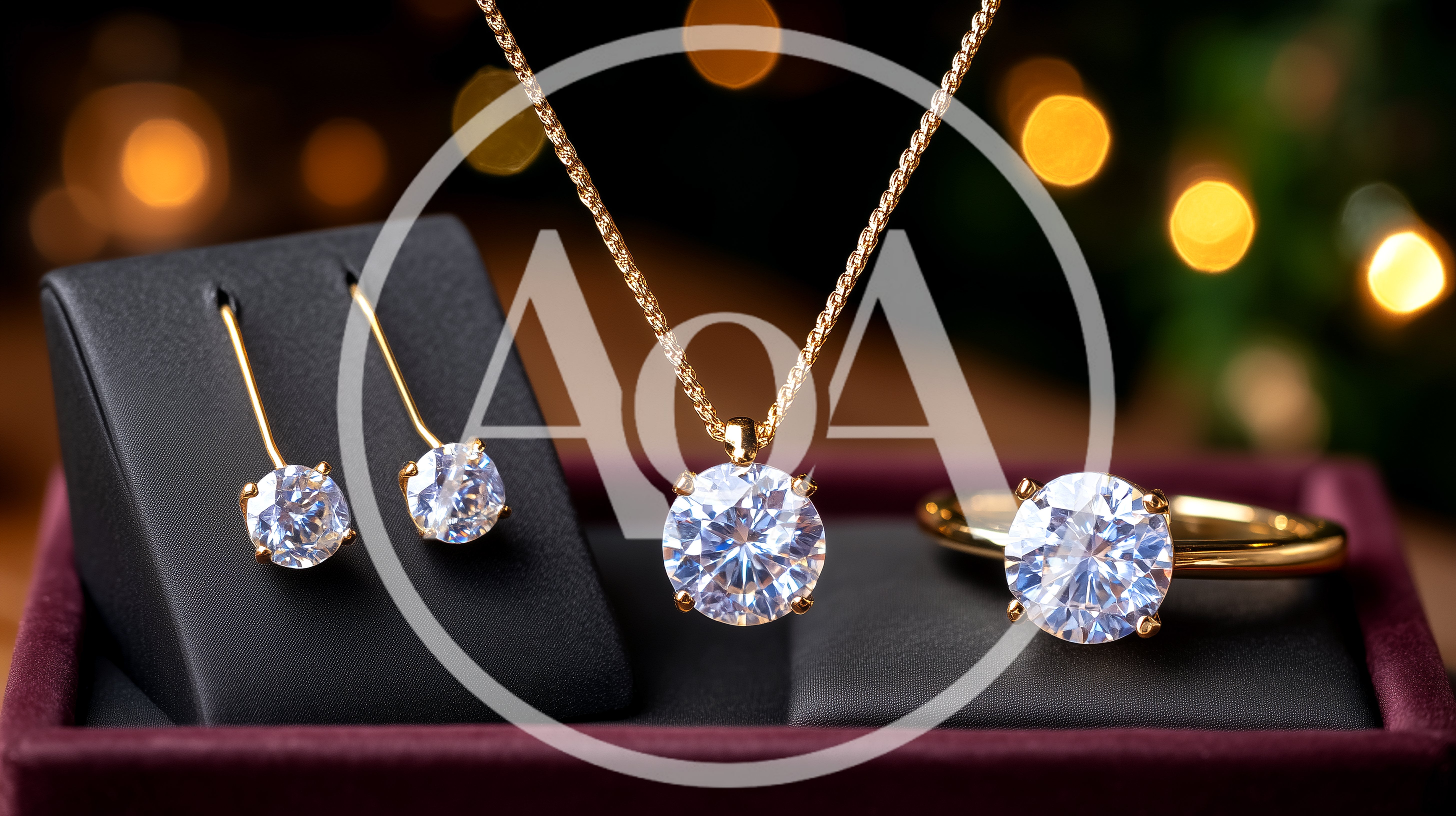 Gold Jewelry Set With Sparkling Round Cut Diamonds