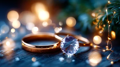 Two Gold Wedding Rings With A Diamond Engagement Ring