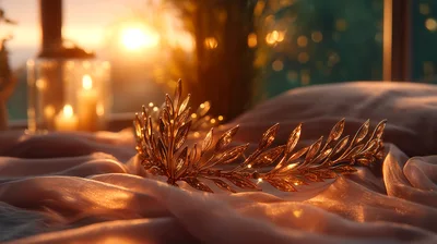 Golden Laurel Wreath Crown Resting On Soft Fabric