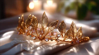 Golden Leaf Tiara With Pink Gemstones On Silk