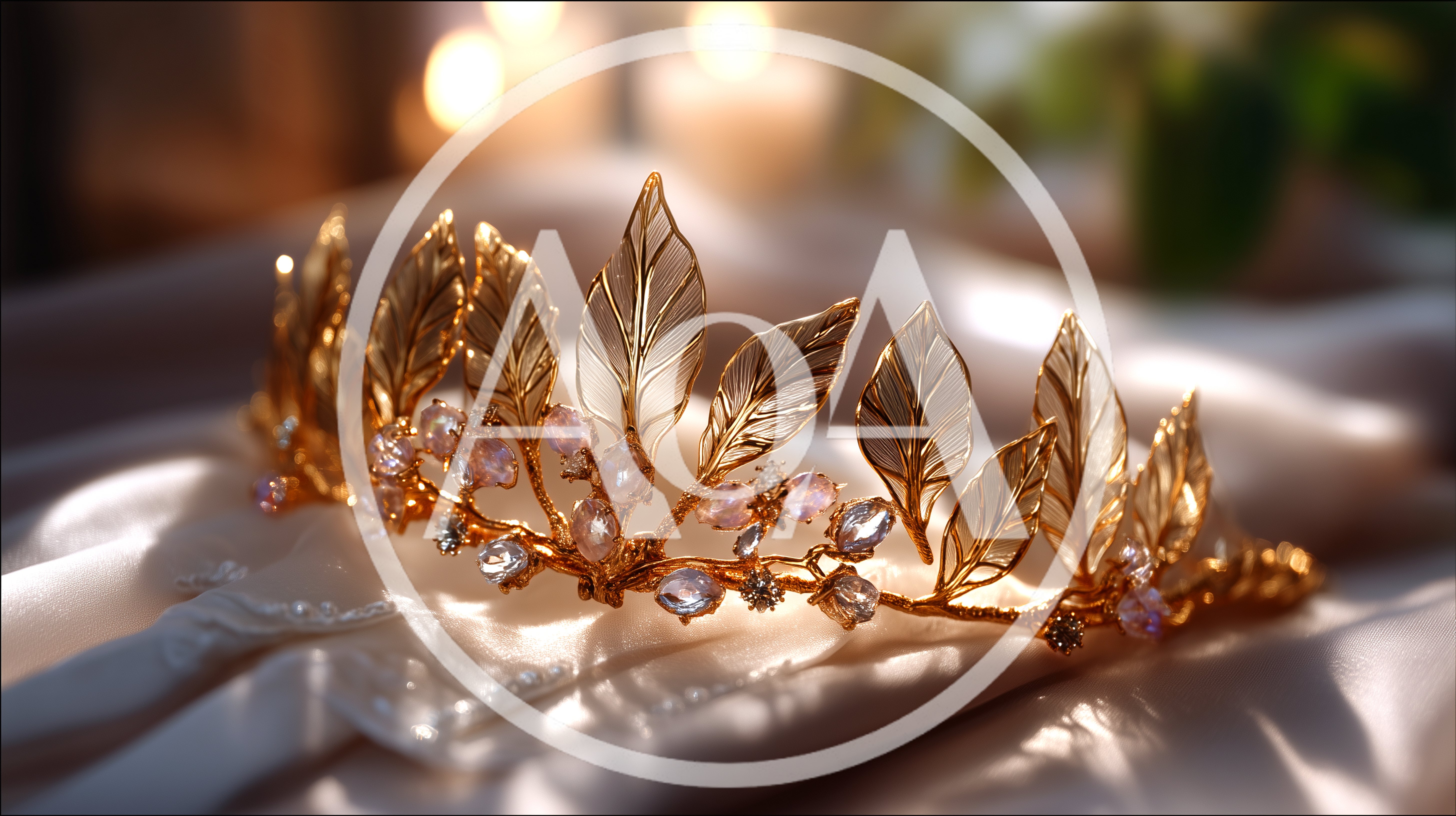 Golden Leaf Tiara With Pink Gemstones On Silk