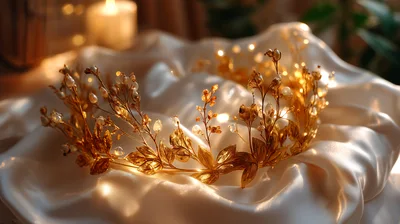 Golden Floral Tiara Resting On Soft White Silk