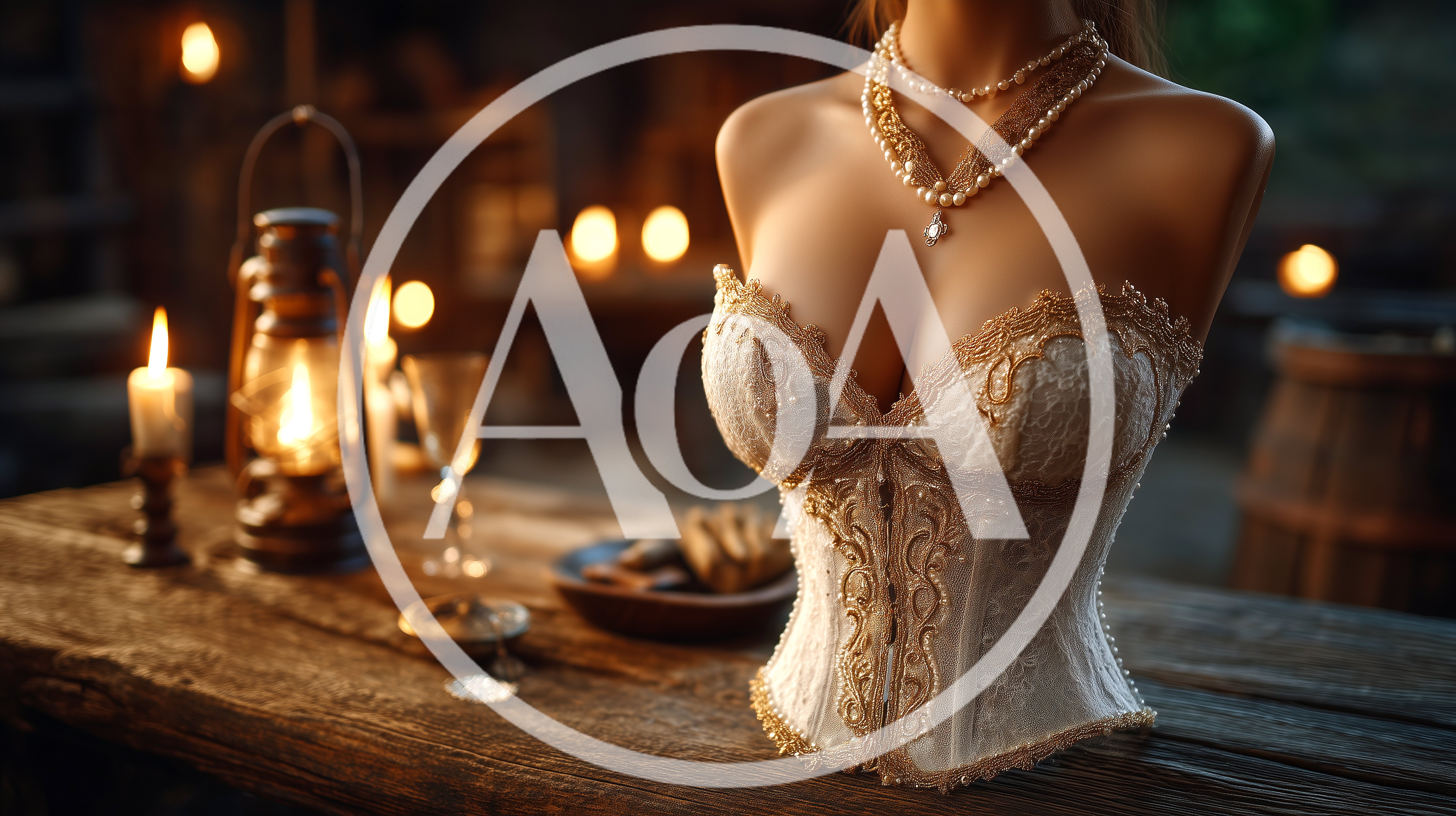 Victorian Corset And Pearl Necklace On Wooden Table