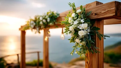 Wooden Wedding Arch Decorated With White Flowers