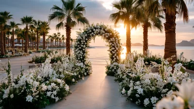 Floral Wedding Archway At Sunset By The Sea