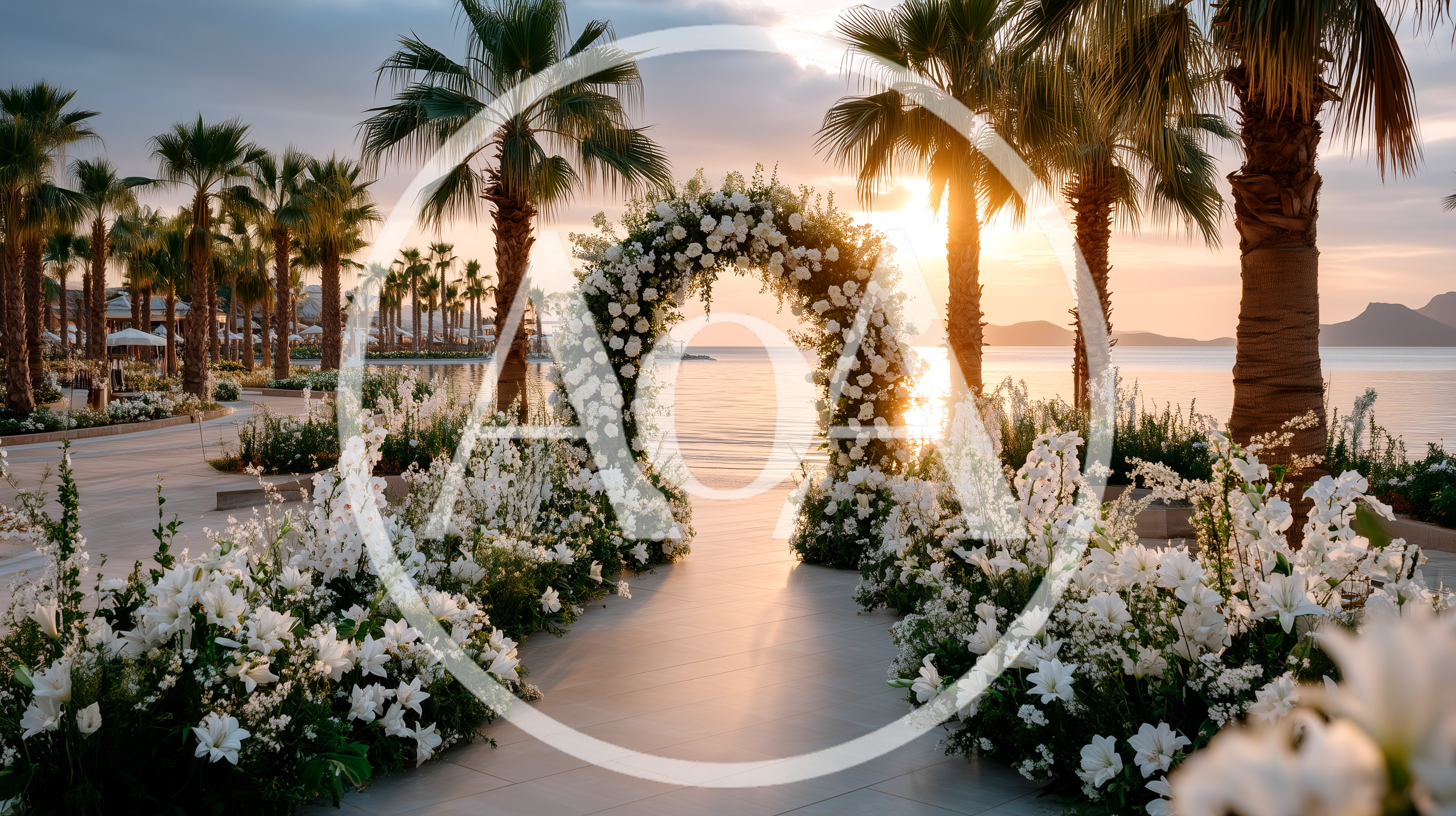 Floral Wedding Archway At Sunset By The Sea