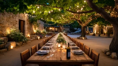 Long Outdoor Dining Table Under Fairy Lights