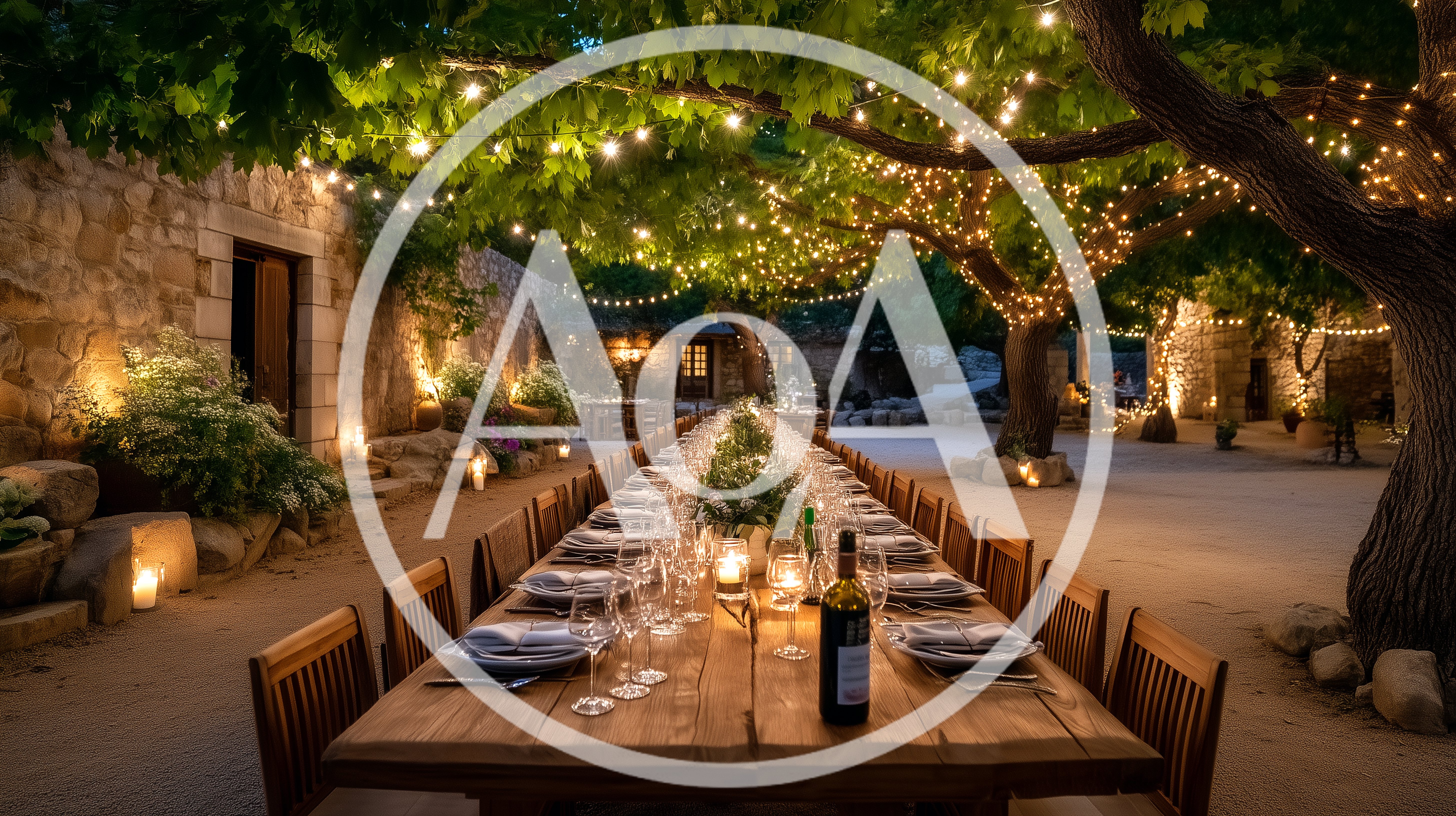 Long Outdoor Dining Table Under Fairy Lights