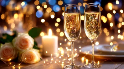 Two Champagne Flutes With Roses And Candlelight