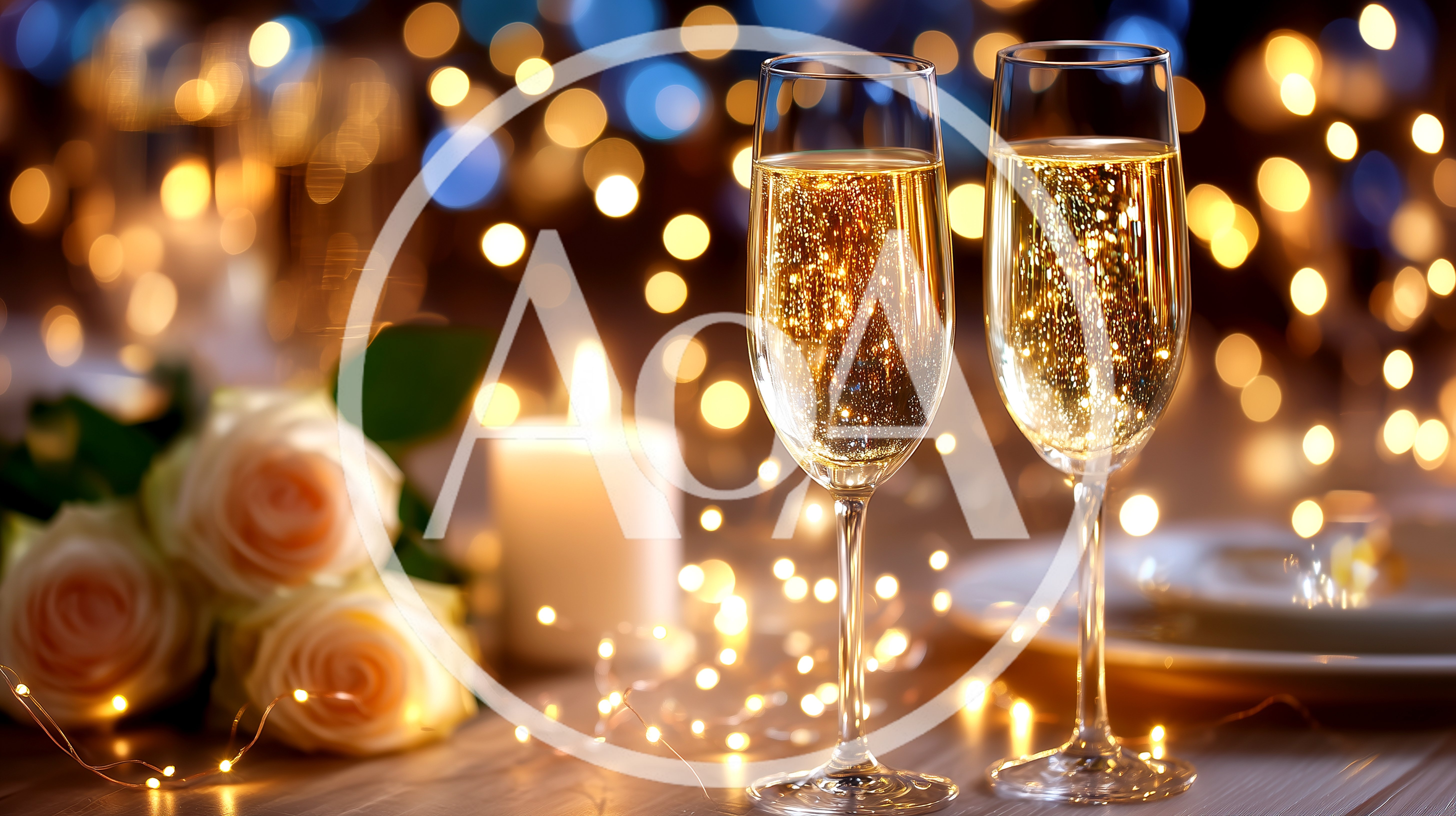 Two Champagne Flutes With Roses And Candlelight