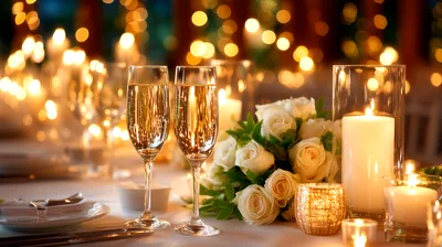 Elegant Wedding Table Setting With Champagne And Roses
