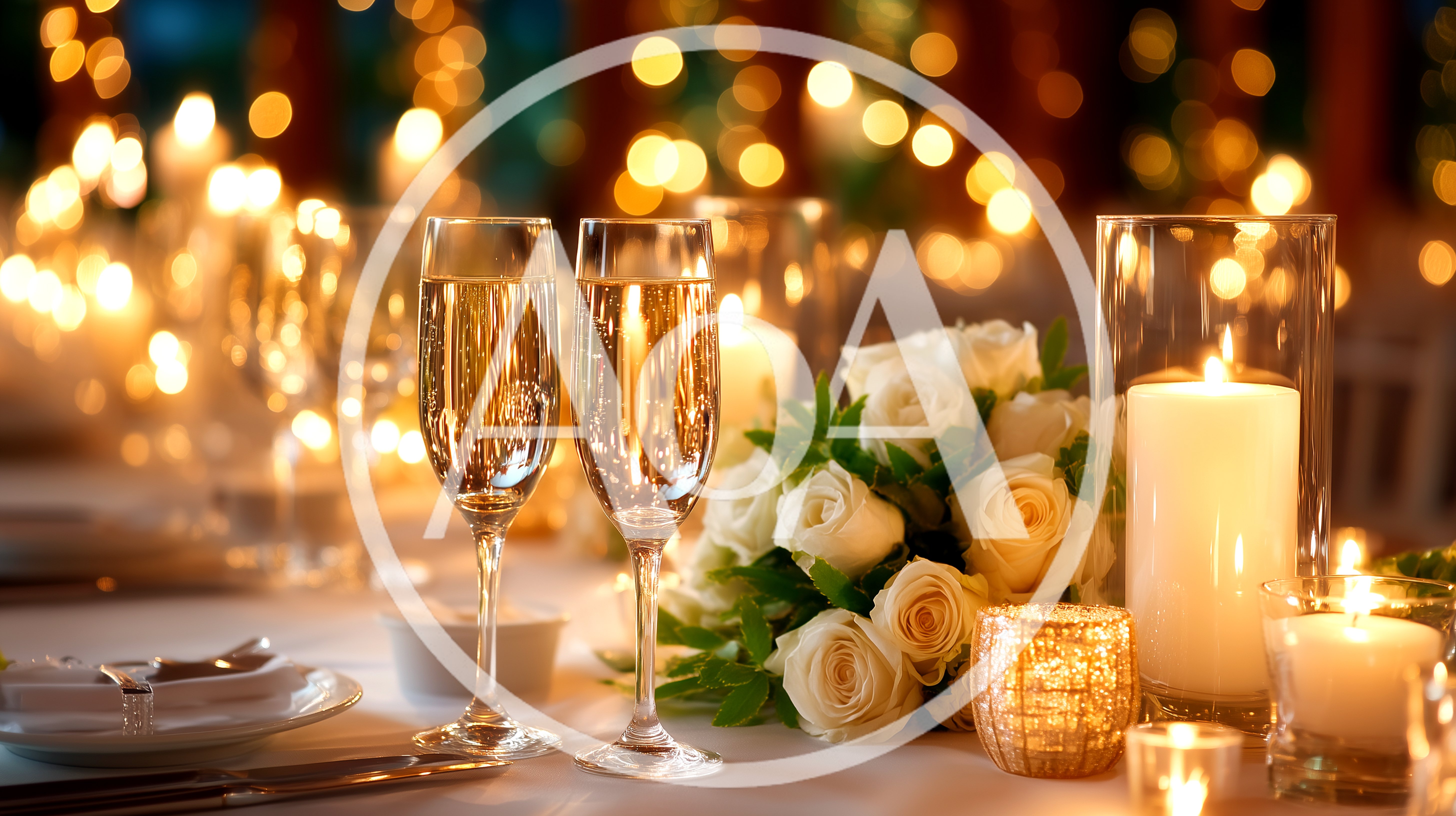 Elegant Wedding Table Setting With Champagne And Roses