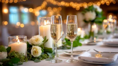 Elegant Wedding Table Setting With Champagne Flutes