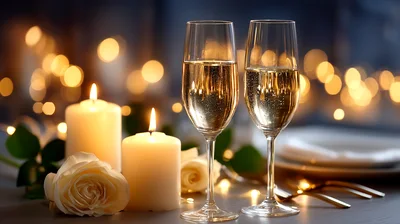 Two Champagne Flutes With Candles And Roses