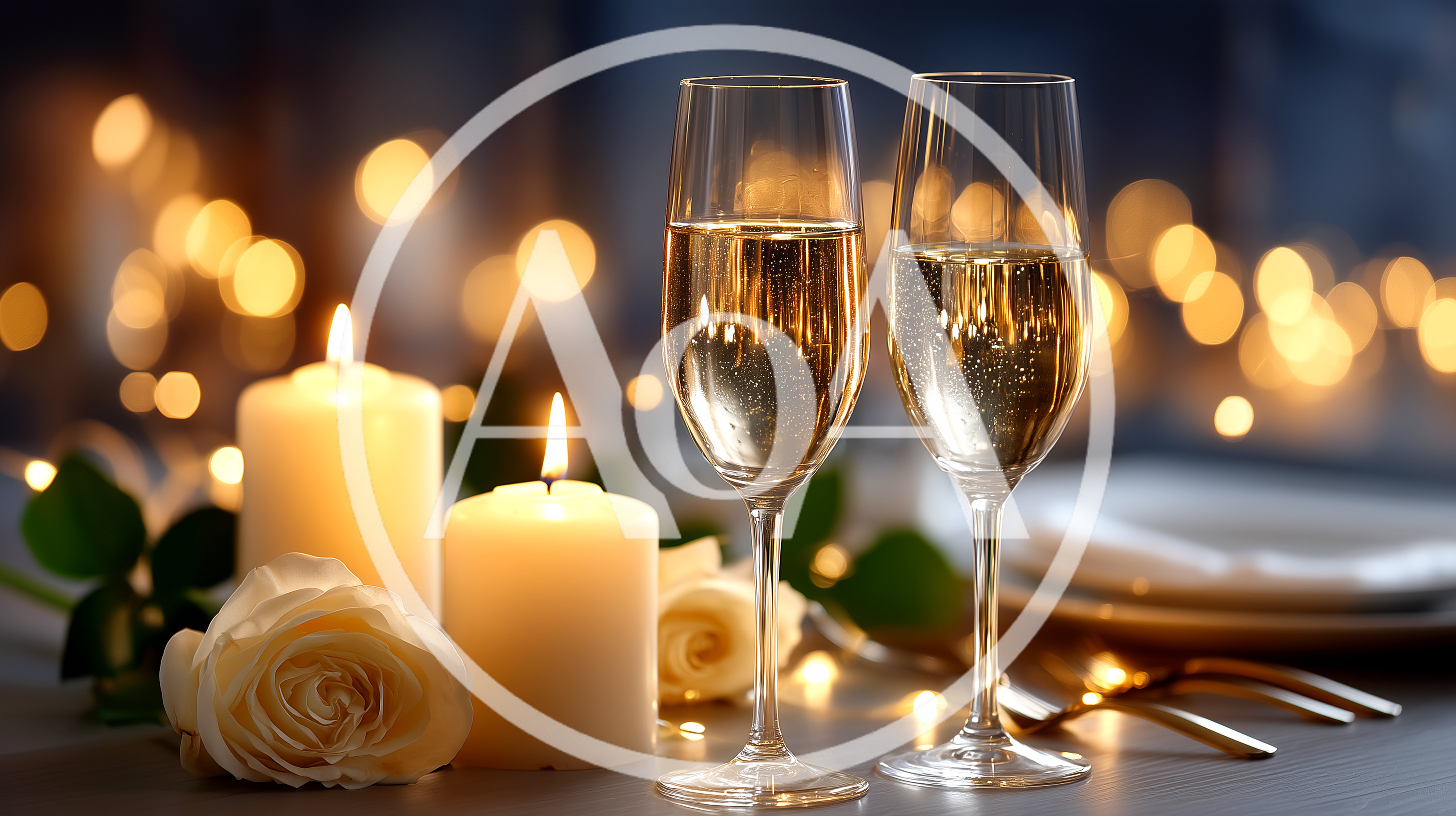 Two Champagne Flutes With Candles And Roses