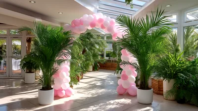 Pink And White Balloon Arch In Conservatory