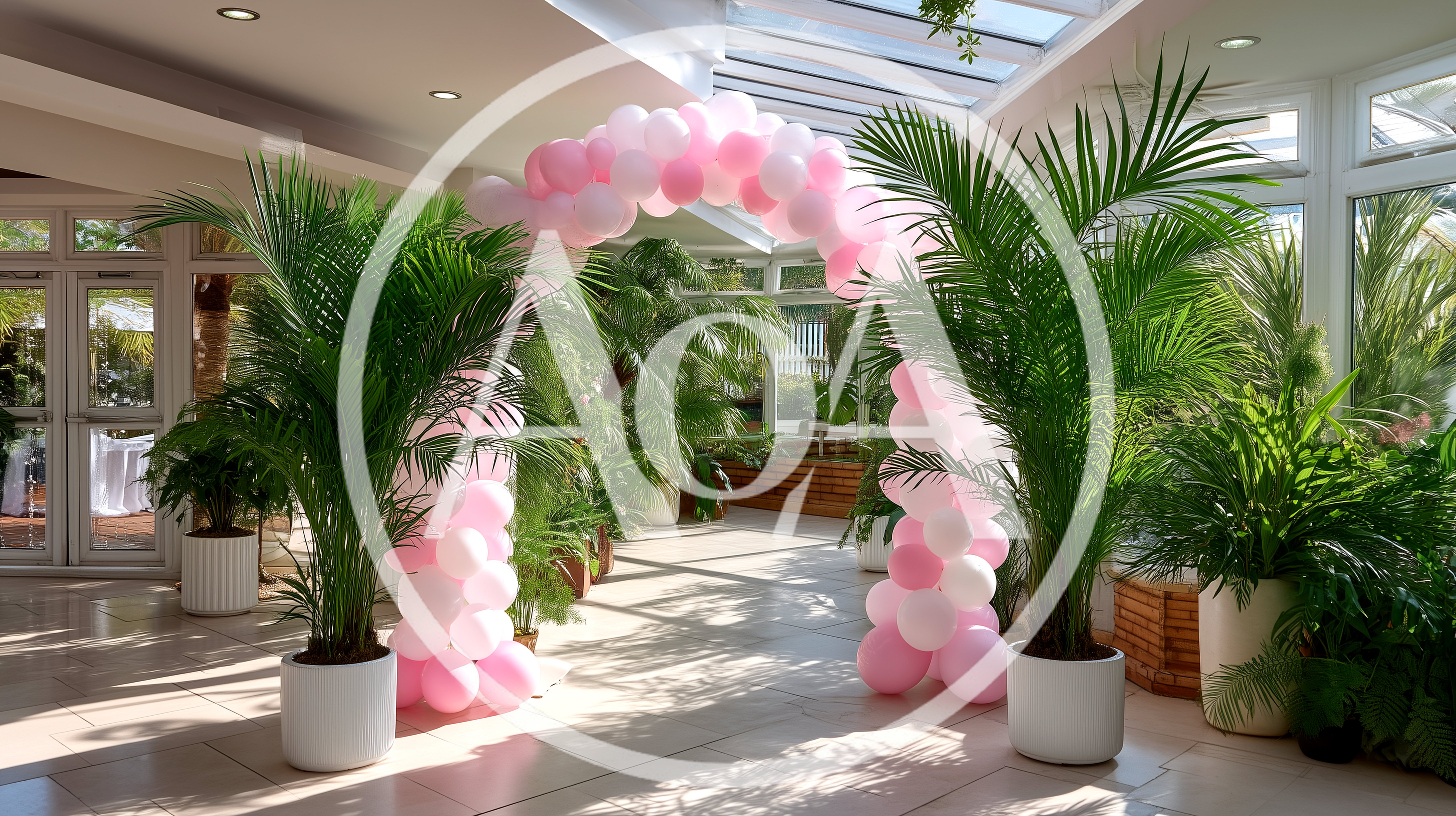 Pink And White Balloon Arch In Conservatory