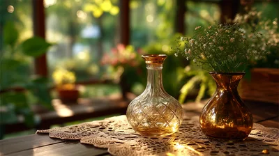 Glass Vases On A Lace Doily In A Sunlit Garden