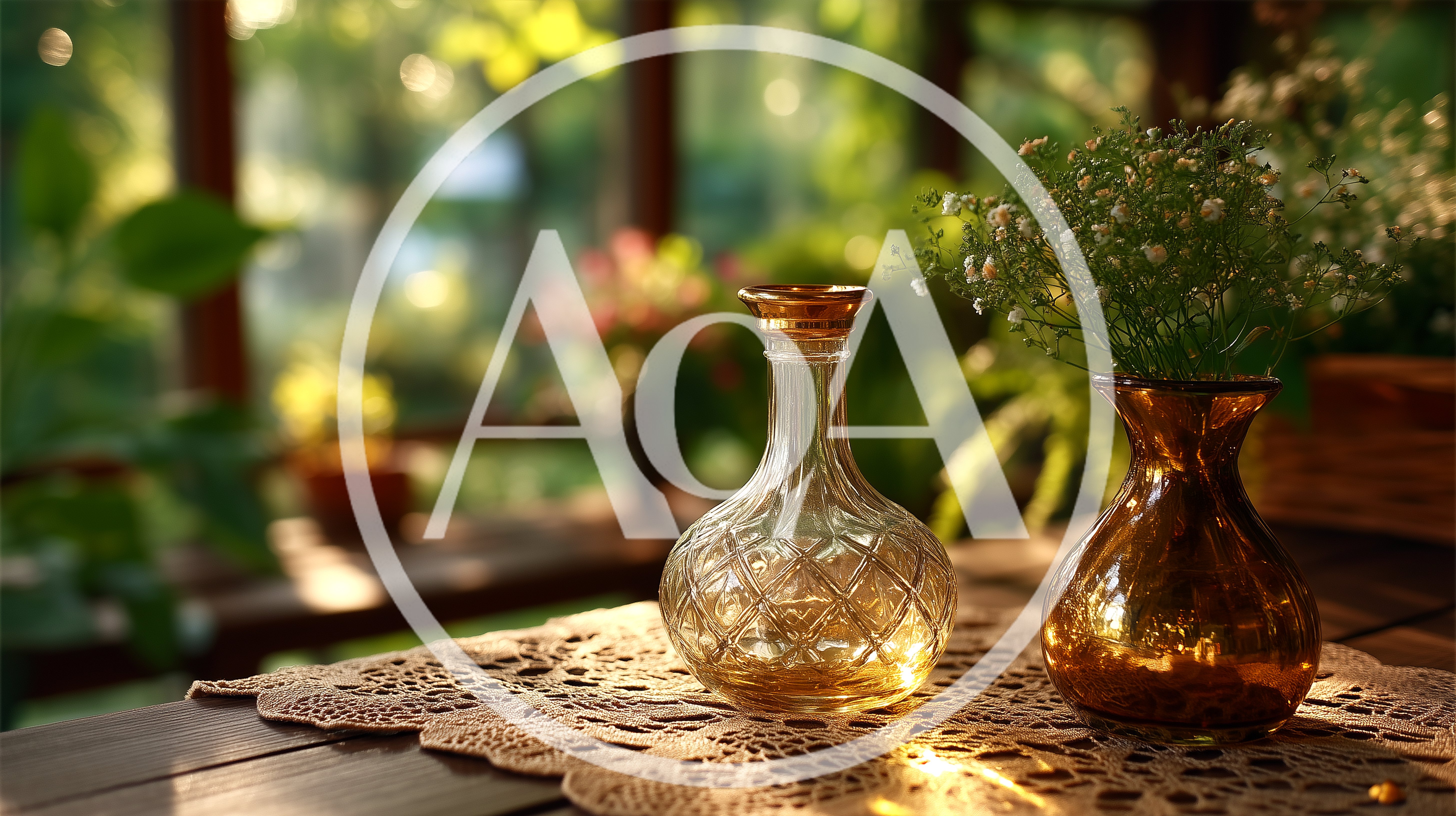 Glass Vases On A Lace Doily In A Sunlit Garden