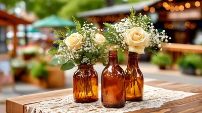 Amber Glass Bottle Centerpieces With Roses And Baby Breath