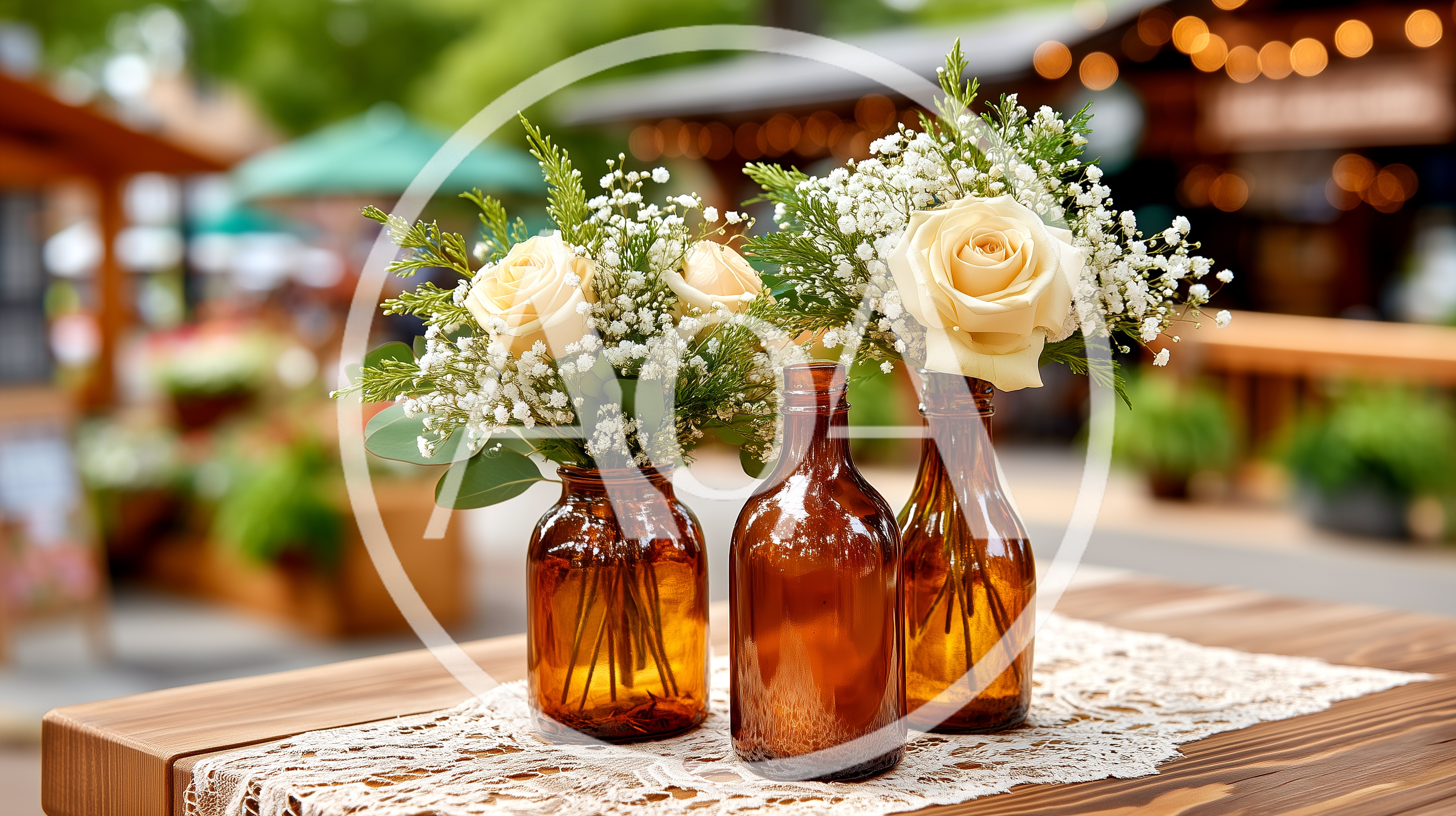 Amber Glass Bottle Centerpieces With Roses And Baby Breath