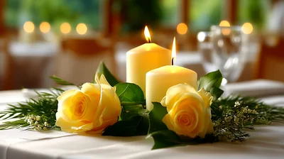 Two Lit Candles With Yellow Roses On Table