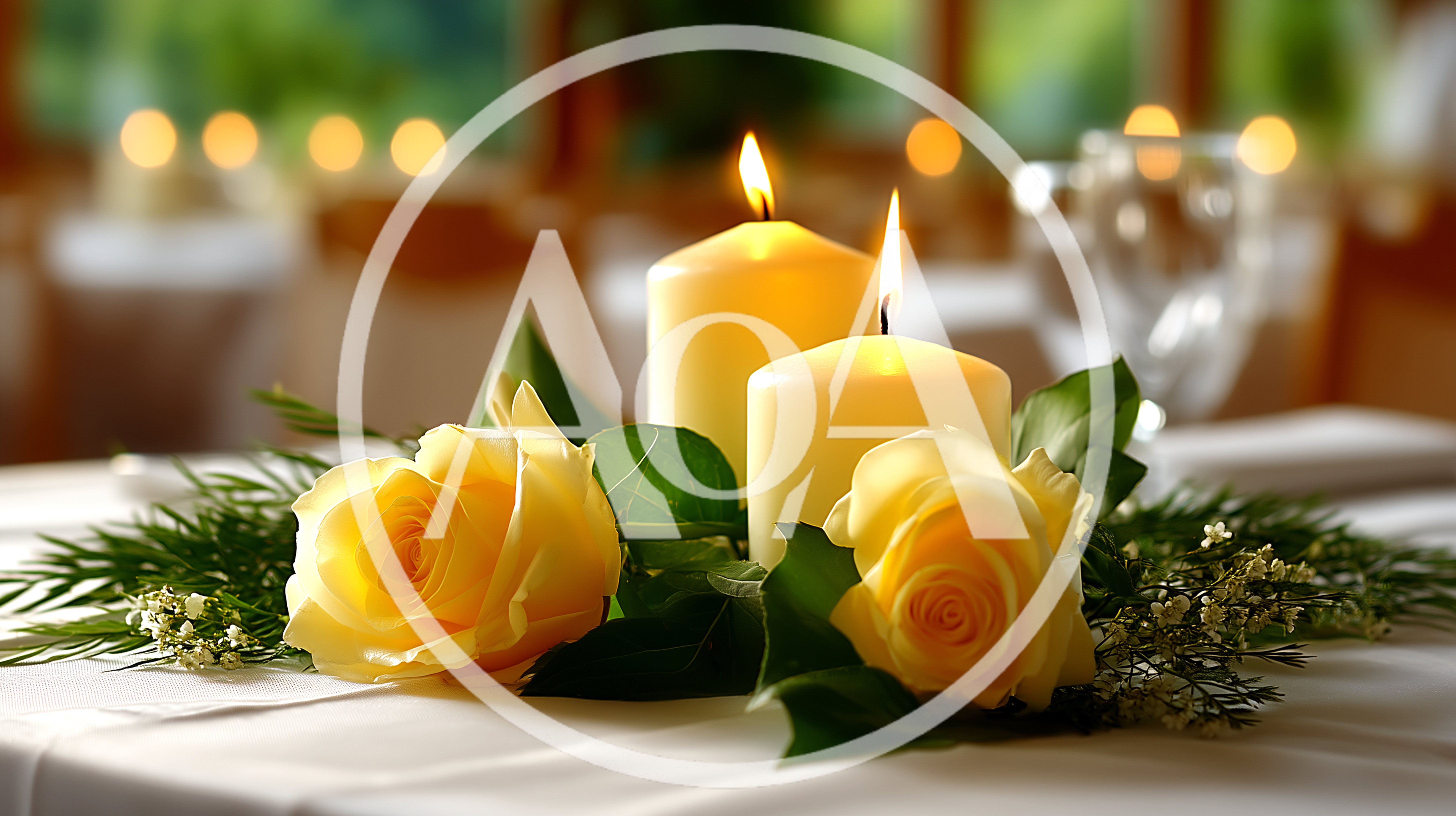 Two Lit Candles With Yellow Roses On Table