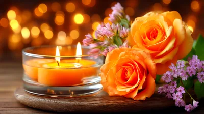Two Orange Roses And Lit Candles On Wooden Board