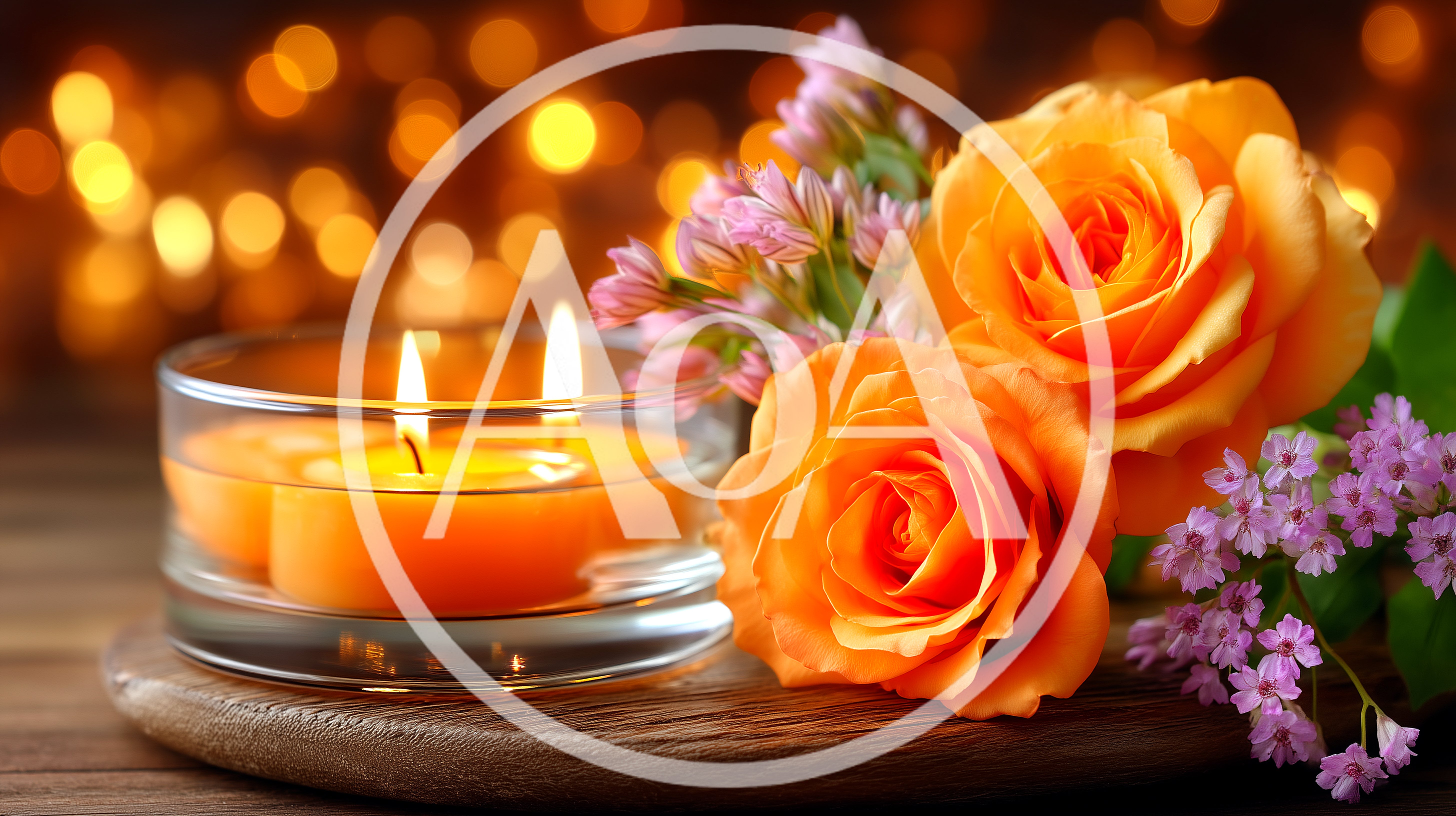 Two Orange Roses And Lit Candles On Wooden Board