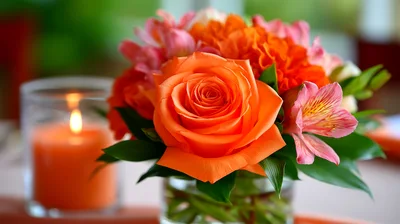 Orange Rose Bouquet With Lit Candle