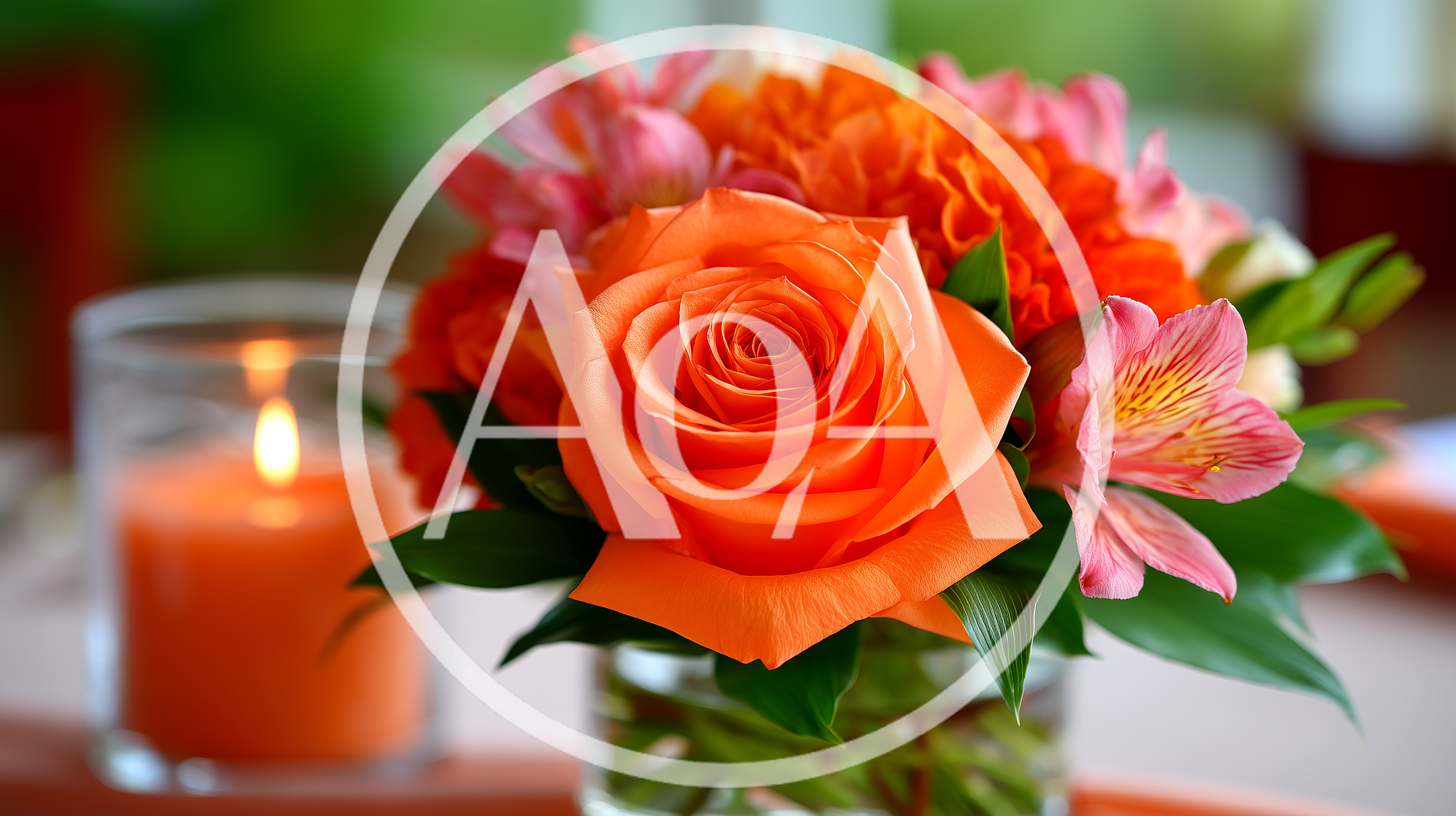 Orange Rose Bouquet With Lit Candle