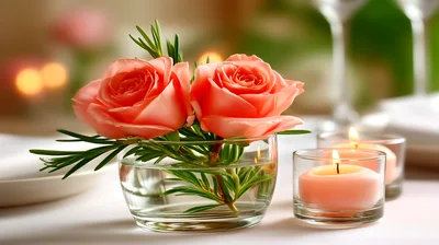 Two Pink Roses In A Glass Vase With Candles