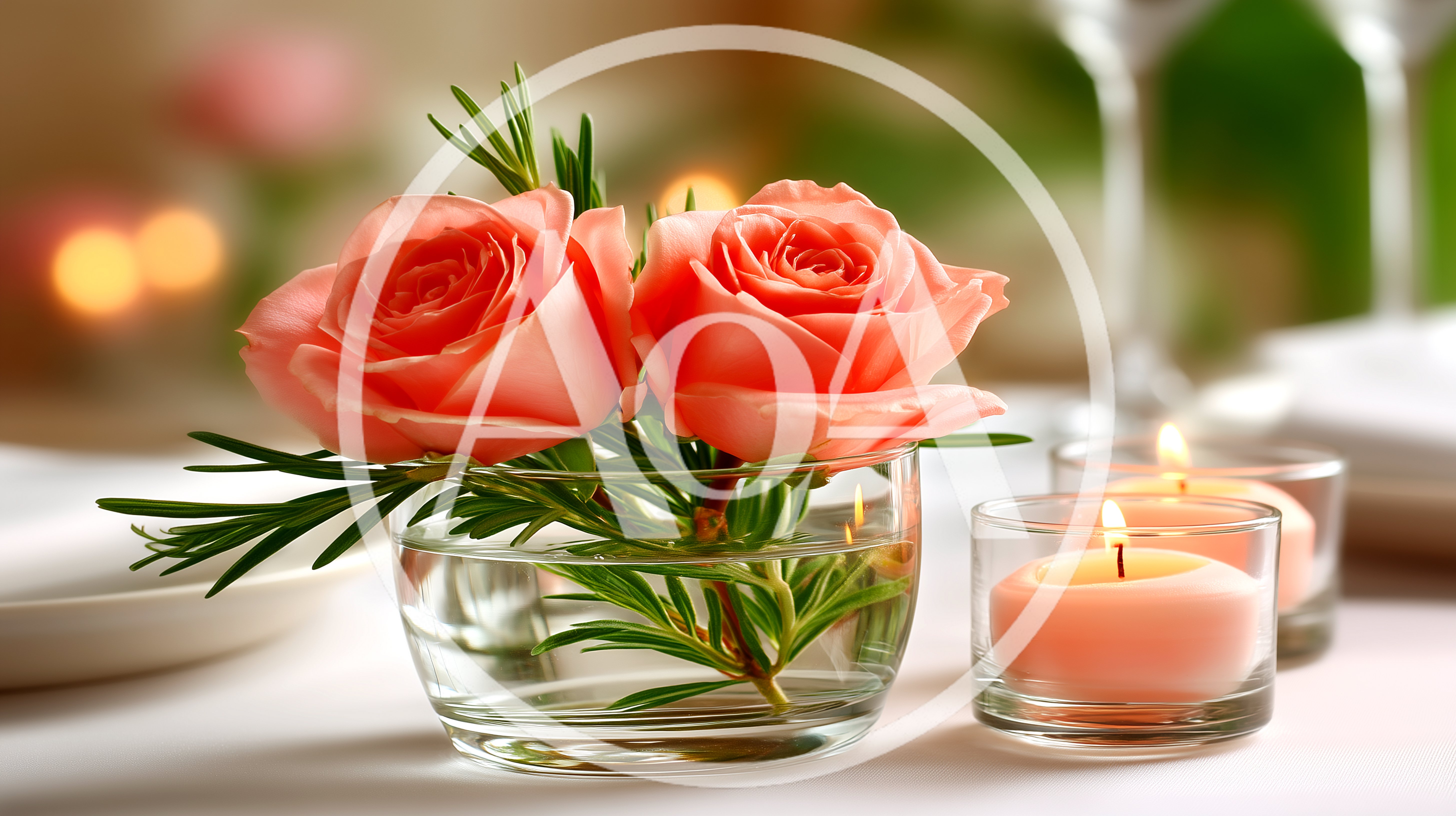 Two Pink Roses In A Glass Vase With Candles