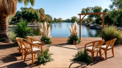Outdoor Wedding Ceremony Setup By A Lake