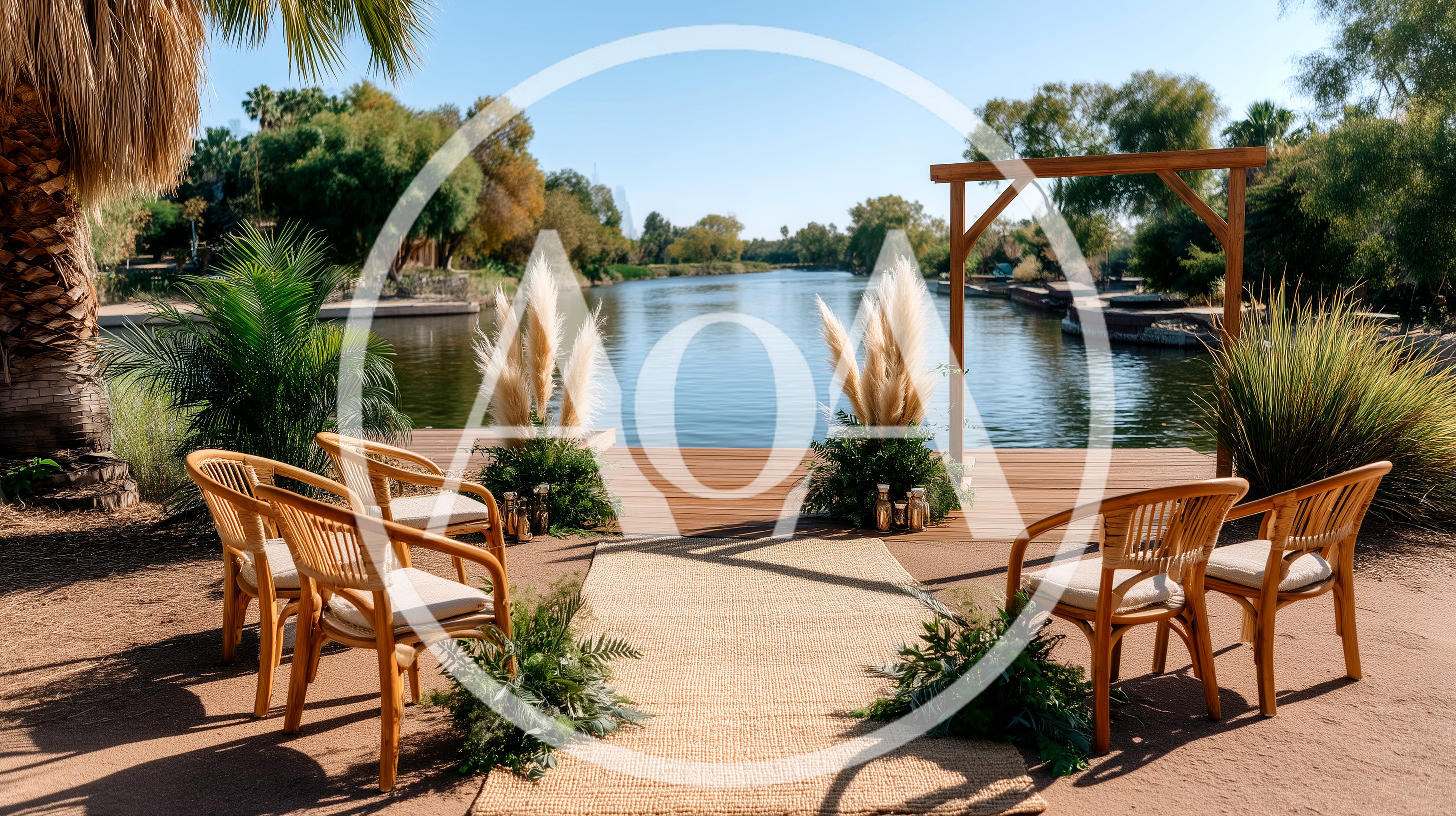 Outdoor Wedding Ceremony Setup By A Lake