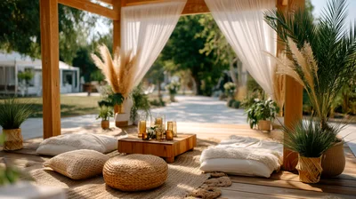 Bohemian Outdoor Lounge Setup Under Wooden Pergola