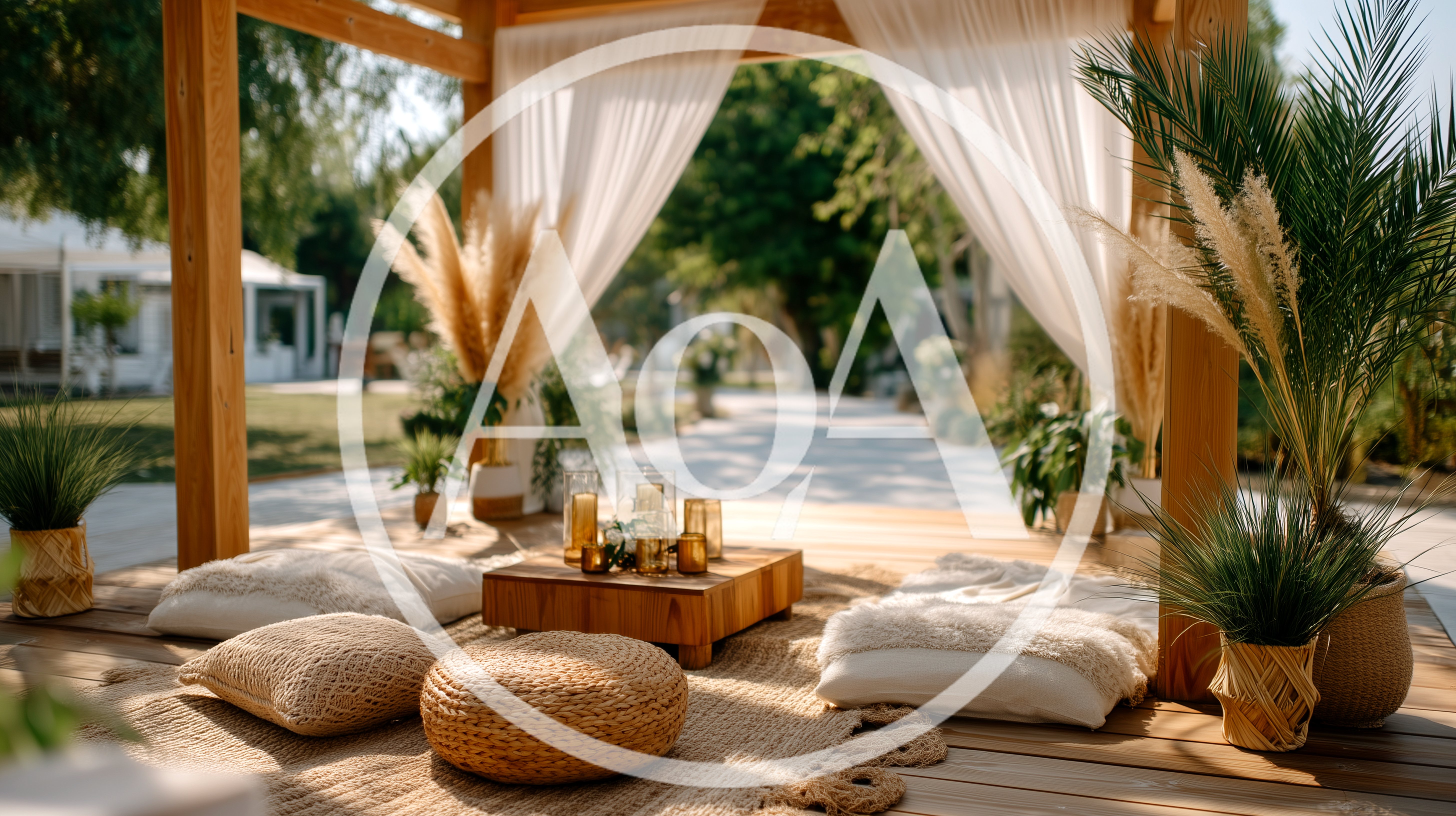 Bohemian Outdoor Lounge Setup Under Wooden Pergola