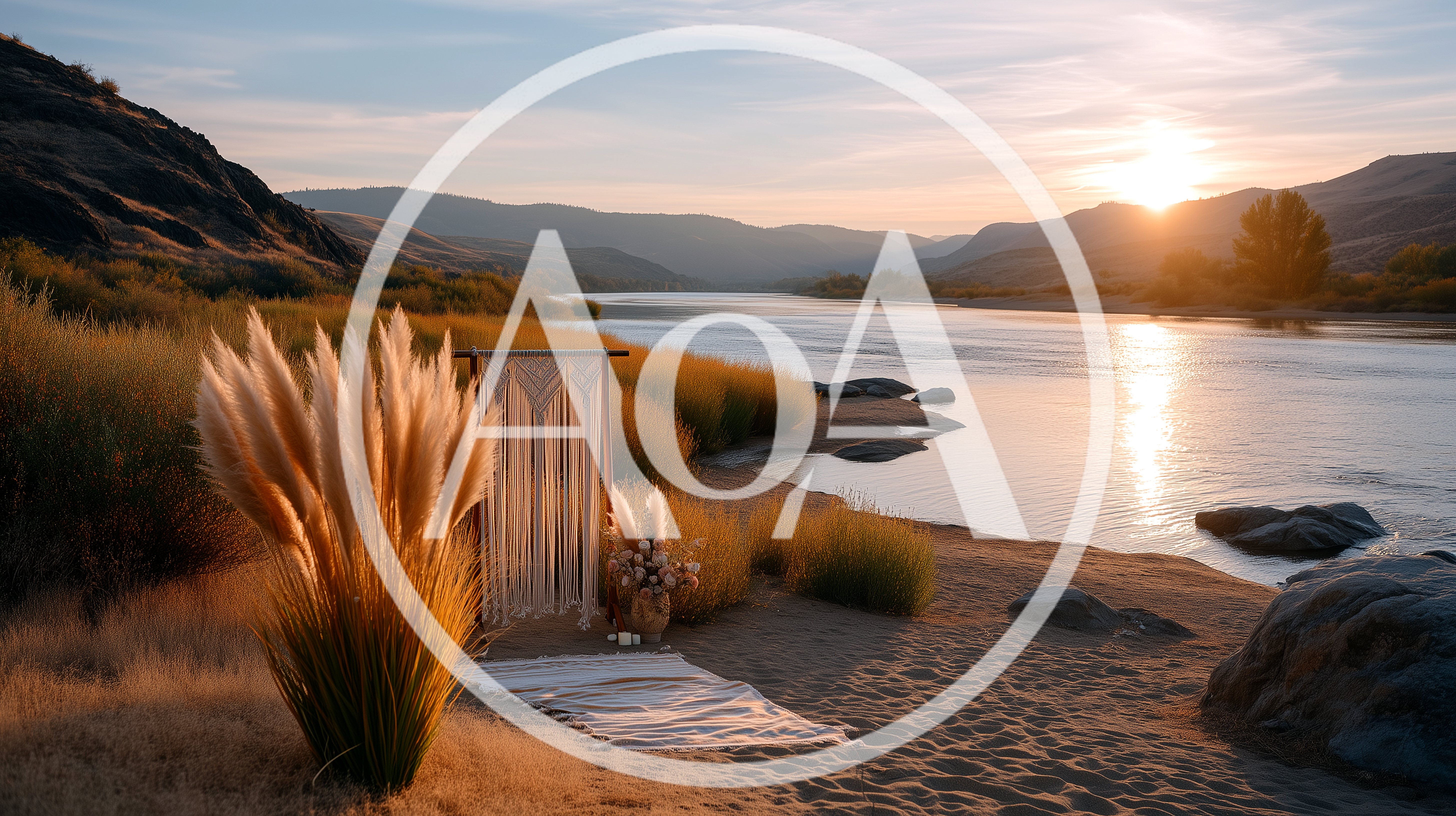 Boho Wedding Arch Setup On Riverbank At Sunset