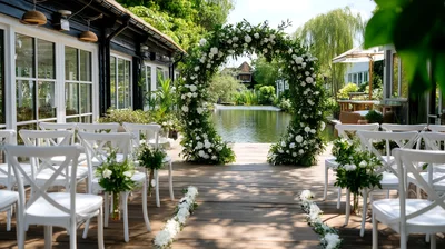 Outdoor Wedding Ceremony Setup With Floral Arch