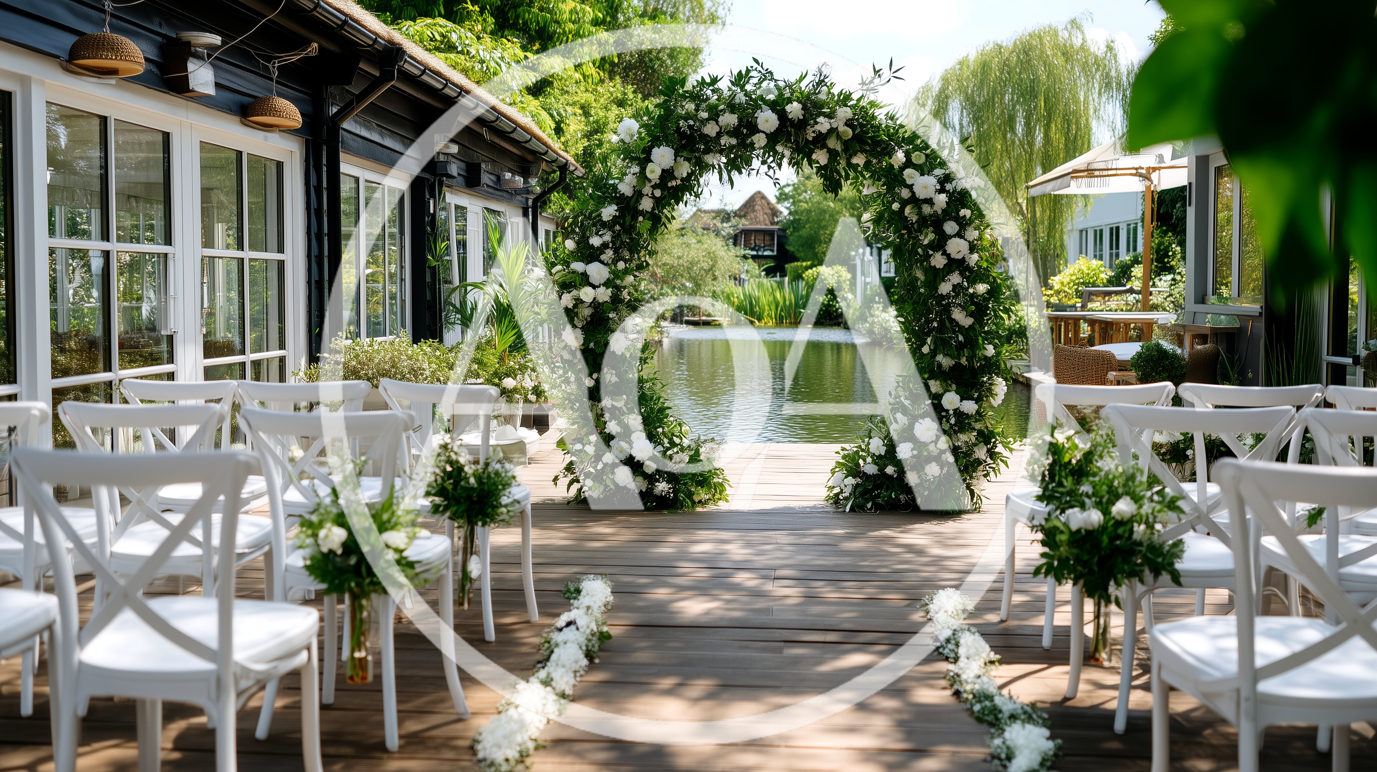 Outdoor Wedding Ceremony Setup With Floral Arch
