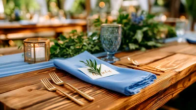 Elegant Wedding Table Setting With Blue Napkin