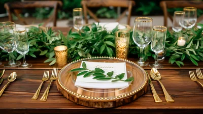 Elegant Wedding Table Setting With Greenery And Gold Accents