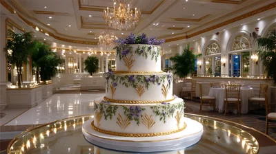 Three Tier Wedding Cake In Elegant Ballroom