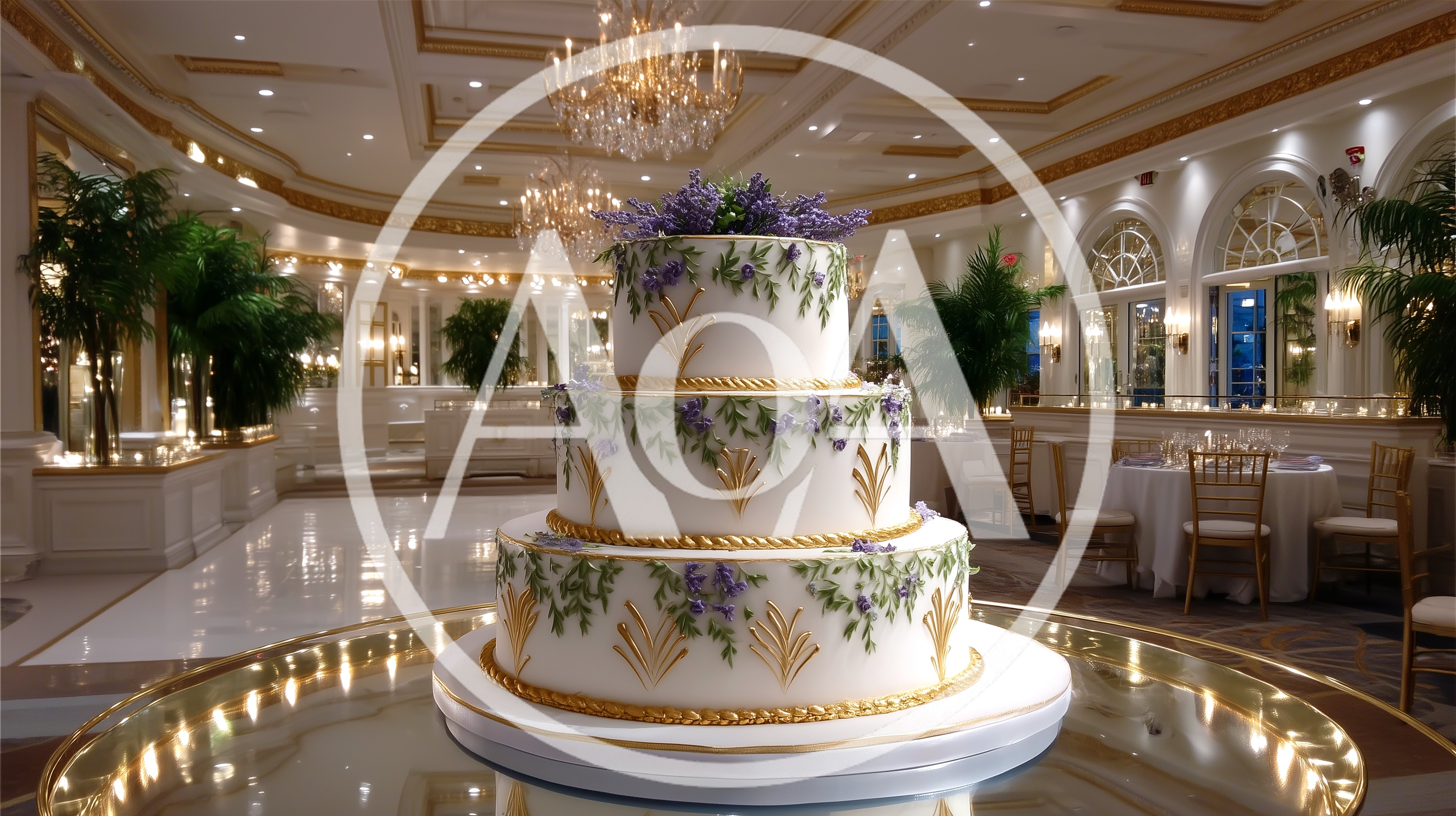 Three Tier Wedding Cake In Elegant Ballroom